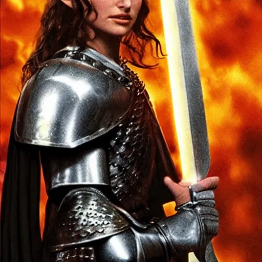 Image similar to a still from “ lord of the rings ” of a head and shoulders portrait of natalie portman as a heavily armored paladin with a flaming sword, photo by phil noto