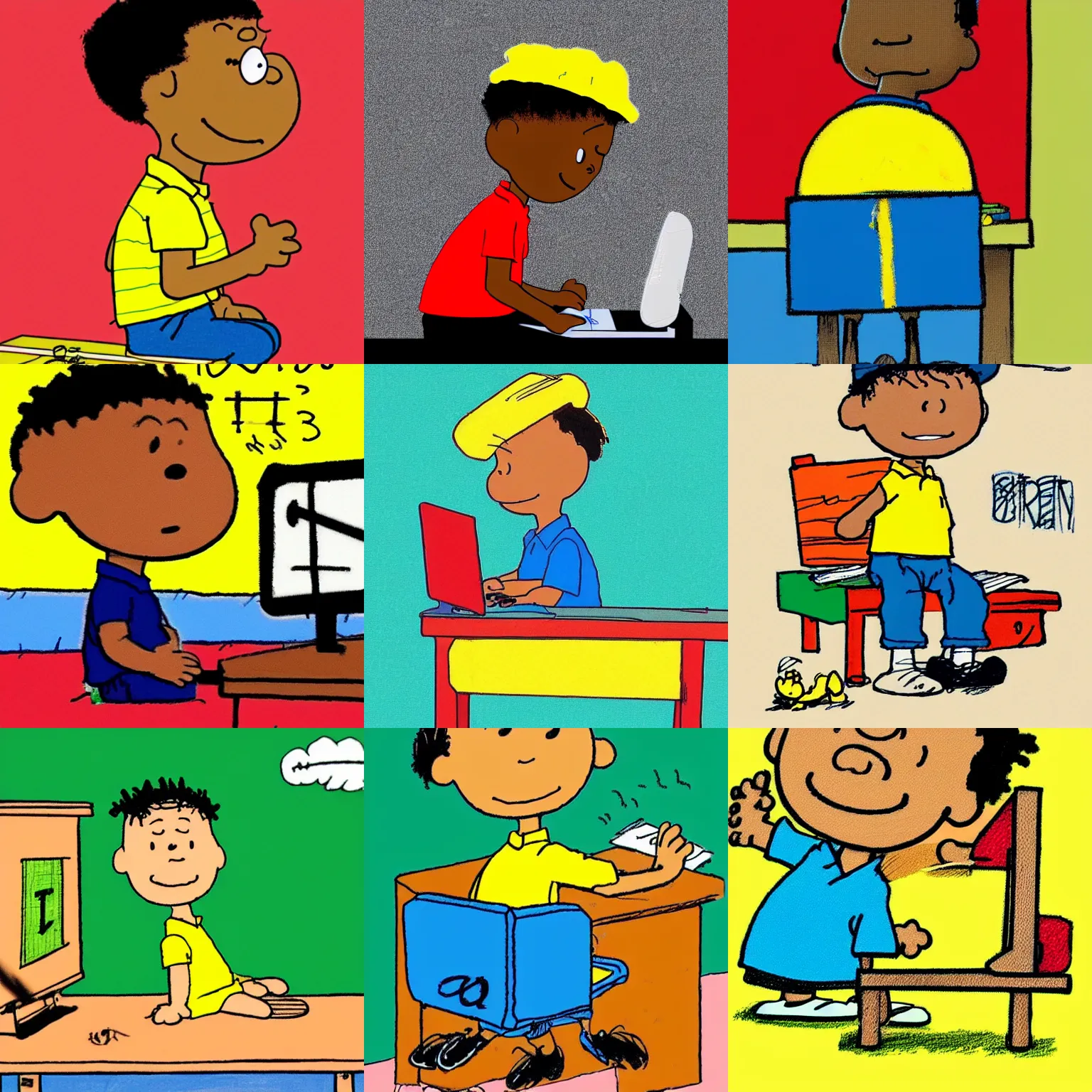 Prompt: a cute simple kid's crayon illustration of a young jamaican 👦🏿 boy working at his home computer in his modern office bedroom, artstation, in the style of peanuts by charles m. schulz, by rossdraws and artgerm and studio ghibli and basquiat, masterpiece, hd, award winning, solid color background, red green yellow color scheme
