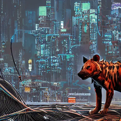 Image similar to cyborg hyena, beksinki style, many wires and exposed metal shown, huge cyberpunk city in background