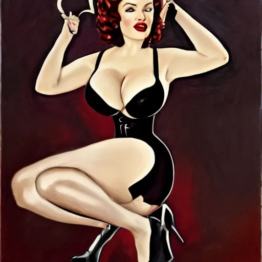 Image similar to Fully-clothed full-body portrait of Christina Hendricks as catwoman as a pinup painting on world war II bomber