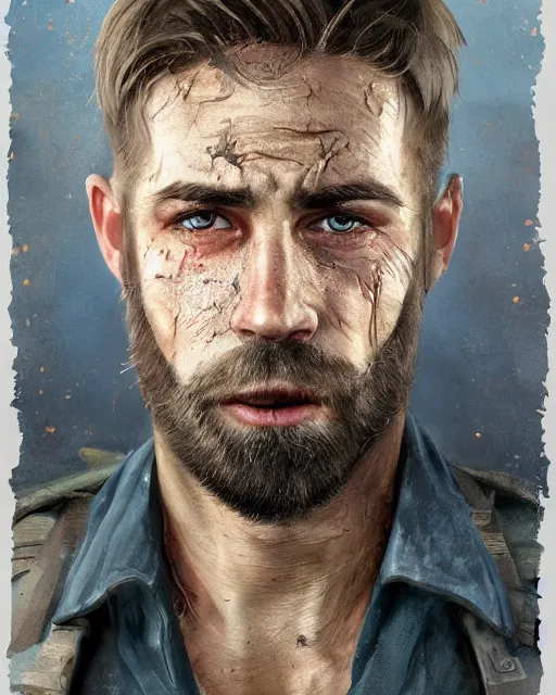 Image similar to portrait of muscular, tired and alcoholic 3 0 - year - old handsome man with short darkblonde hair, serious sad look in his eyes, dirty beard, blue eyes, crying tears, wearing dirty soldier uniform, on the desert, hyper realistic face, beautiful eyes, character art, art by mark brooks, hyperdetailed, cryengine, trending on artstation, digital art
