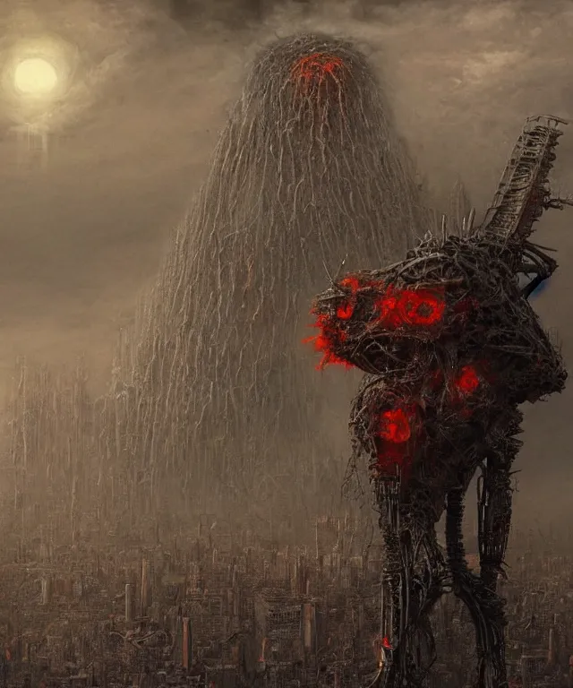 Image similar to a surreal, hellish, and maddening robot made of flesh towering above a destroyed city with a nuclear bomb going off in the background in the style of zdzisław beksinski in the style of h. r. giger trending on artstation deviantart pinterest furaffinity detailed realistic hd 8 k high resolution