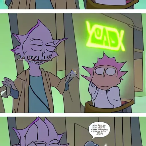 Prompt: yoda as a rick and morty character fighting rick because why not