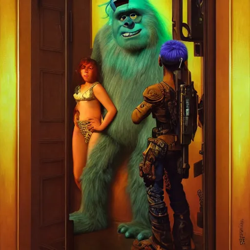 Prompt: portrait of sulley from monsters inc in front of room door. shadowrun cyberpunk fantasy d & d painting by gaston bussiere craig mullins jc leyendecker gustav klimt artgerm greg rutkowski john berkey, bergey, craig mullins, ruan jia, raymond swanland, tom lovell