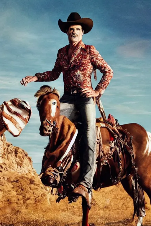 Prompt: dolce & gabbana campaign featuring jim carey as a cowboy, unprocessed colors, # nofilter, shot by annie leibovitz, realistic vfx simulation