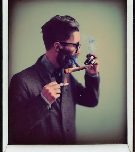 Prompt: color polaroid picture of a hipster man smoking a pipe. diffuse background