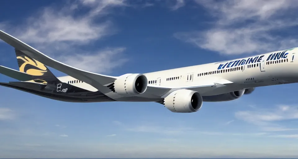 Image similar to vhs footage of a boeing 787 flying overhead