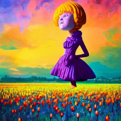 Image similar to girl with a single giant tulip as a head, surreal photography, flower field, sunset dramatic light, impressionist painting, colorful clouds, blue sky, digital painting, artstation, simon stalenhag