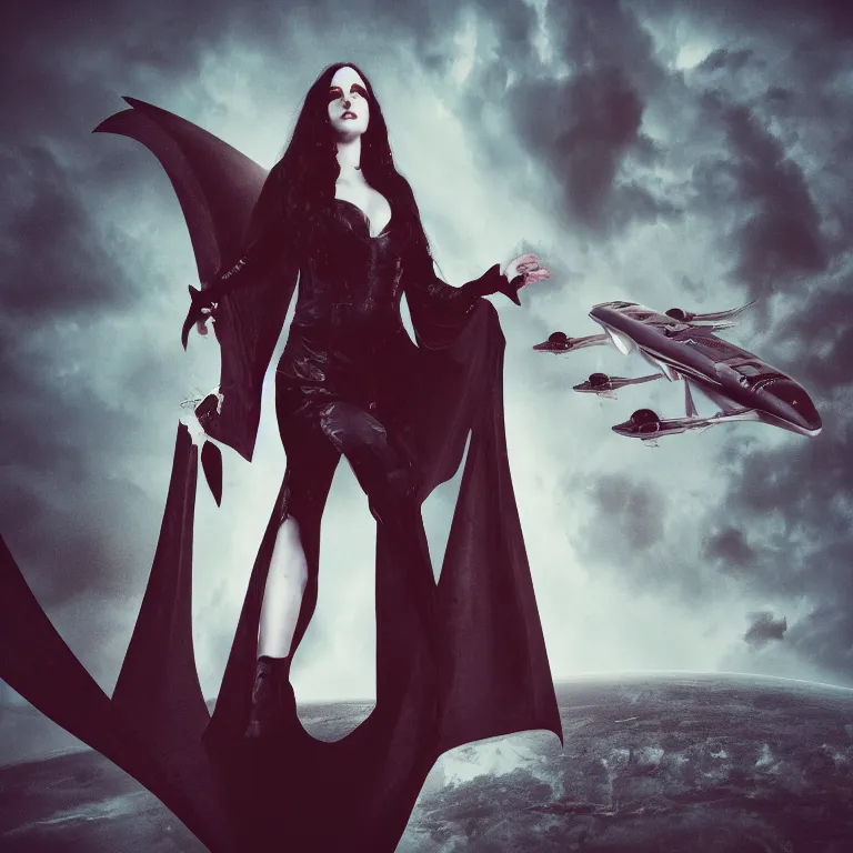 Image similar to portrait of vampire queen commanding the bridge of a evil starship, digital photo