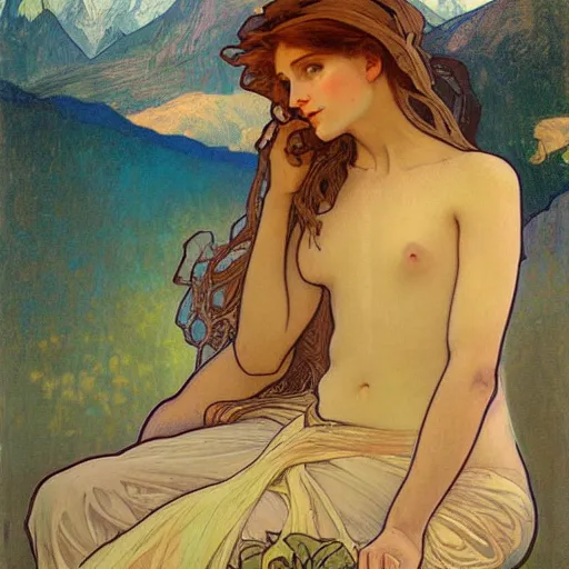 Image similar to tempera composed by alphonse mucha, by meredith marsone, by alexandre cabanel. the sculpture of two lakes in connecticut, with mountains in the distance.