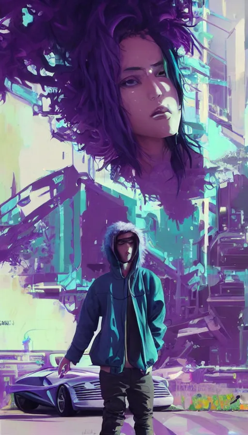 Image similar to A ultradetailed beautiful portrait panting of a graffiti writer from the future with purple hair and streetwear style on a futuristic car, bright sunny day, Oil painting, by Ilya Kuvshinov, Greg Rutkowski and Makoto Shinkai