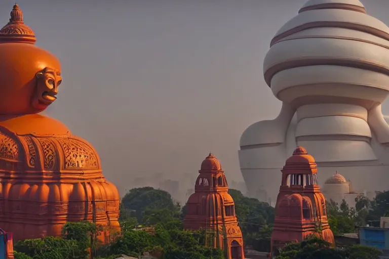 Image similar to gorgeous dreamscape! biomorphic new delhi, hanuman!! head building, kalighat, octane highly detailed cinematic, stephen shore & john j. park, soft morning light, wide shot, high angle, uhd 8 k, deep focus