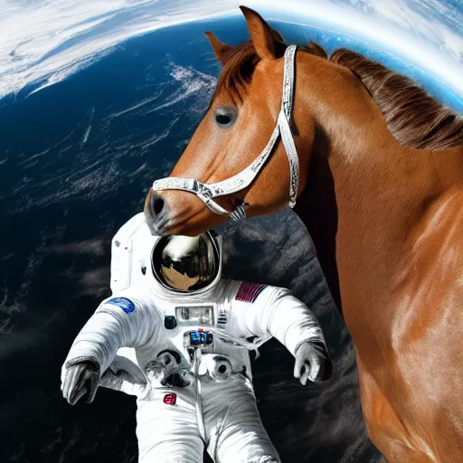 Image similar to the horse sat on top of the astronaut's back, and yells