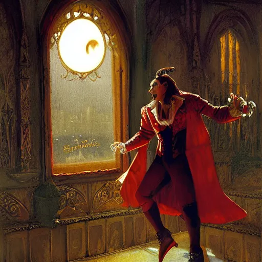 Image similar to attractive male dracula the vampire roller skating in a medieval style roller rink as a full moon shines through a window. highly detailed painting by gaston bussiere, craig mullins, j. c. leyendecker 8 k