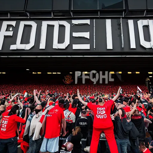 Image similar to protests at old trafford theatre of dreams against the glazers, # glazersout, stadium, chaos, protest, banners, placards, burning, owners of manchester united football club, pure evil, 8 k, wide angle lens, 1 6 - 3 5 mm, symmetry, cinematic lighting - w 1 0 2 4