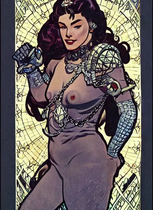 Image similar to a beautiful young woman. she is a barbarian, dressed in fur and chain mail. well composed, clean elegant painting, beautiful detailed face. retro comic book art by steve ditko and jack kirby and ( alphonse mucha )