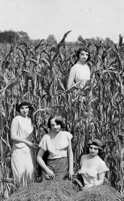 Prompt: the image is a lost 1 9 2 0 s photograph of people posing by cornfield. vibrant cinematography, anamorphic lenses, crisp, detailed image in 4 k resolution. 3 5 mm,