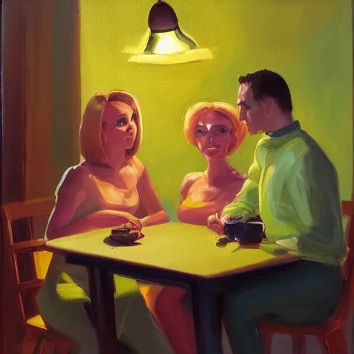Prompt: by michael malm electric yellow, powerpuff girls. a computer art of two people, a man & a woman, sitting at a table. the man is looking at the woman with interest. the woman is not interested in him. there is a lamp on the table between them.