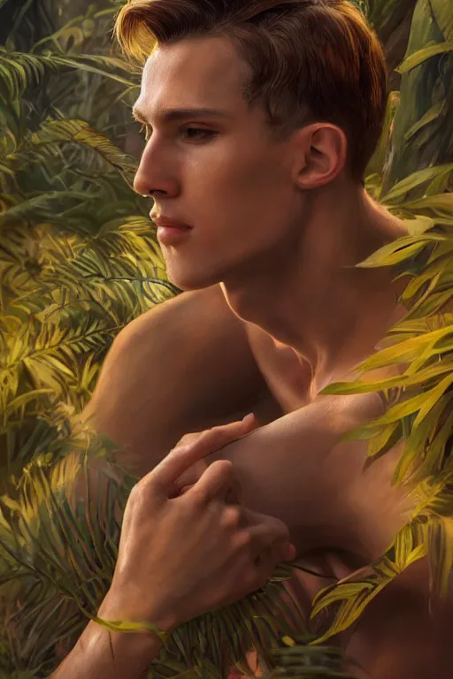 Image similar to stunningly beautiful, male prima ballerina in jungle, symmetrical face, golden hour, smooth, focus, highly detailed, hyper realistic, dramatic lighting, elegant, intricate, concept art, art by wlop, mars ravelo, greg rutowski, artstation