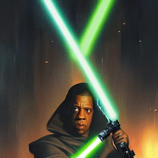 Image similar to Jay-Z as a Jedi from Star Wars fighting darth Vader , green light saber, realistic portrait, symmetrical, highly detailed, digital painting, artstation, concept art, smooth, sharp focus, illustration, cinematic lighting, art by artgerm and greg rutkowski and alphonse mucha
