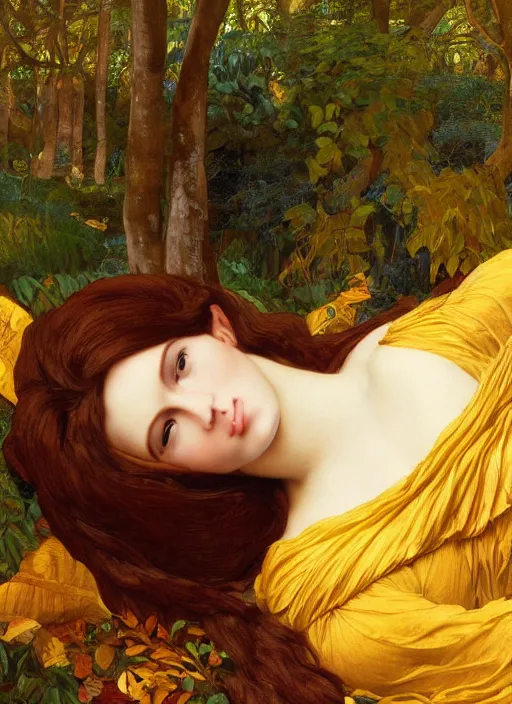 Prompt: masterpiece beautiful seductive flowing curves preraphaelite face portrait amongst leaves, extreme close up shot, straight bangs, thick set features, yellow ochre ornate medieval dress, raven, laying amongst foliage mushroom forest circle arch, frederic leighton and kilian eng and rosetti, 4 k