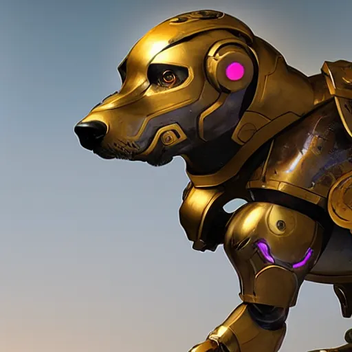 Image similar to cybernetic dog wth golden armor, hard surface, matte painting by jama jurabaev and greg rutkowsky,