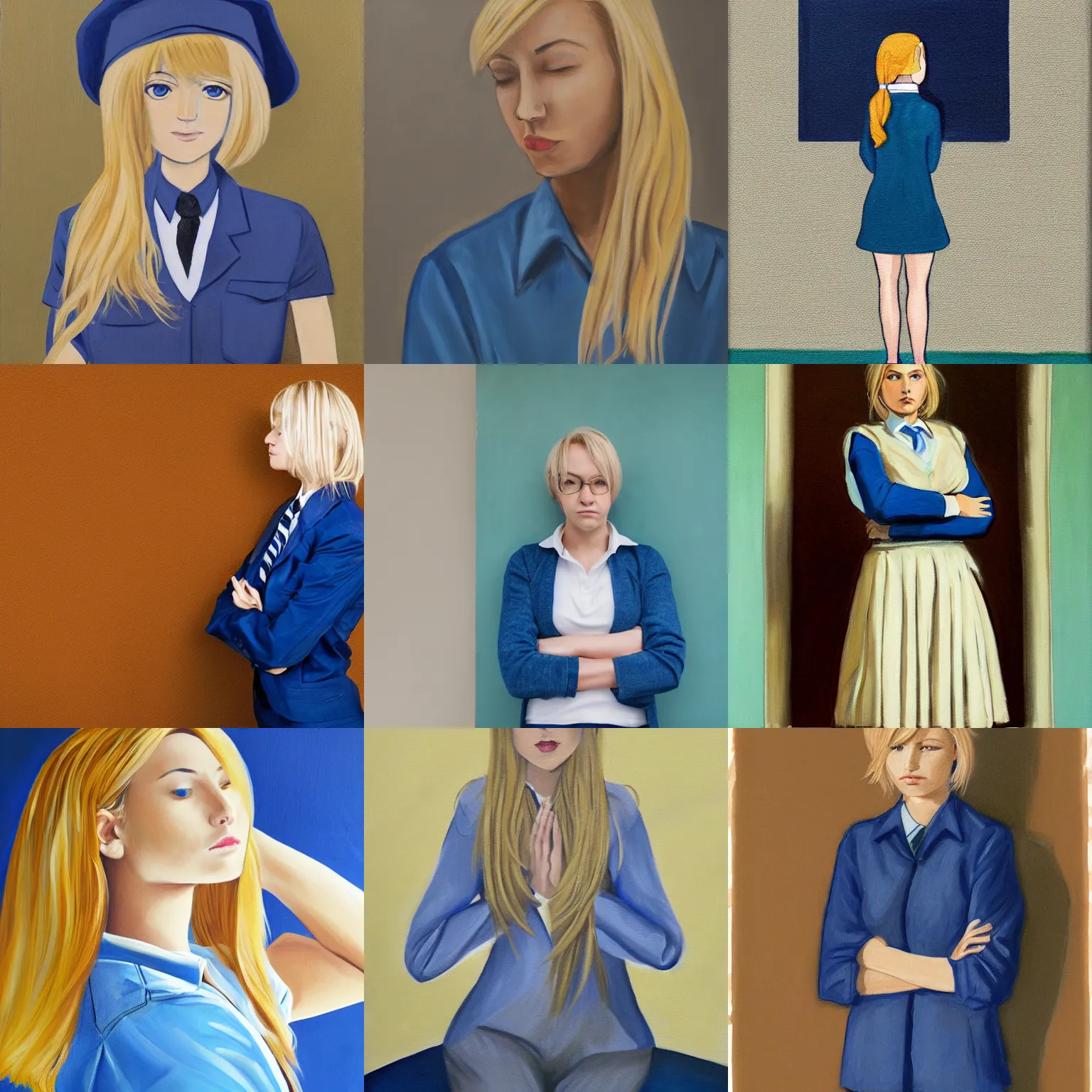 Prompt: a woman with blondehair and a blue college uniform leans idly/solemnly against a wall, arms crossed, looking down, styled hair, cool, calm, quiet, painting, art, full body
