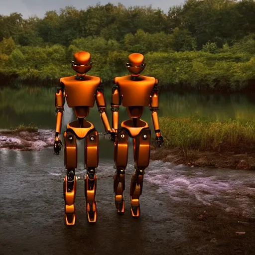 Image similar to Beautiful cinematic scene of a couple of two damaged and broken humanoid robots holding hands near a river, at night, peaceful, science fiction, cinematic lighting, insanely detailed, directed by Denis Villeneuve and Wes Anderson, cinestill 800t