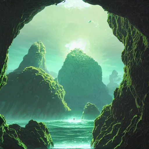 Image similar to a scary glowing green scifi portal to another world in darwin's arch, ocean and rock landscape, science fiction, intricate, elegant, highly detailed, digital painting, artstation, concept art, matte, sharp focus, illustration, art by hayao miyazaki and hideo kojima