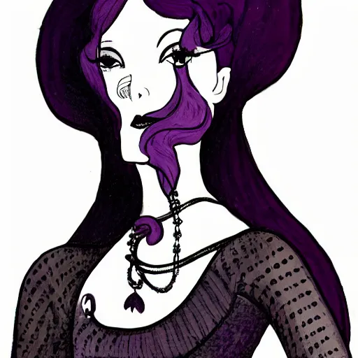 Prompt: beautiful delicate pale thin goth woman with black hair, wearing long black and purple dress, highly detailed, illustration