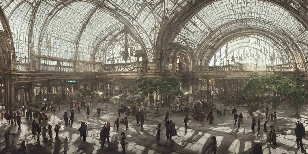 Image similar to cinematic movie scene, 200mm wide shot, precise architectural rendering, interior of victorian era railway station with ornate architecture, bustling with people and, victorian architecture, emerald, crystalline, detailed illustration, sharp focus, concept art, unreal engine, octane render, god rays, aesthetic