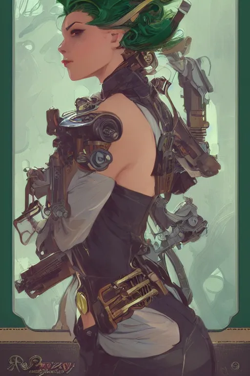 Image similar to beautiful woman with green hair as steampunk partial - cyborg, western gunslinger, smooth, sharp focus, illustration, highly detailed, digital painting, artstation, concept art, by disney animation, rossdraws, alphonse mucha, frank fanzzeta, collectible card art