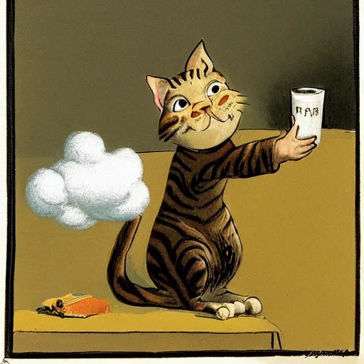 Prompt: Garfield the cat smoking a pipe and exhaling a huge cloud by Francisco Goya
