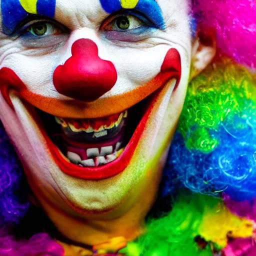 Prompt: photograph of a clown sweating and going crazy