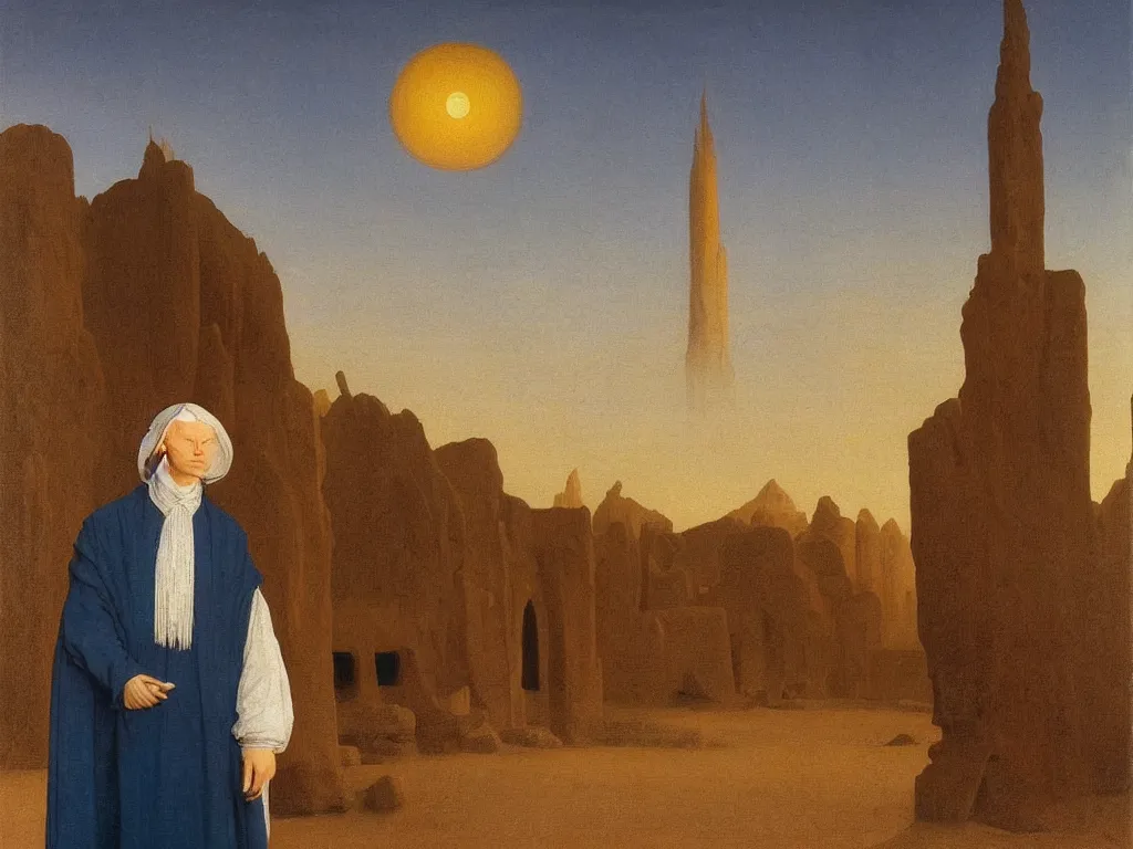 Prompt: Portrait of albino mystic with blue eyes, with ruins of a mosque in the distance in the desert. Sandstorm, sunset. Painting by Jan van Eyck, Caspar David Friedrich, Rene Magritte, Agnes Pelton, Max Ernst, Walton Ford