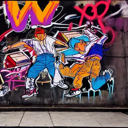 Prompt: breakdancers battling in the bronx in 1984, by Andy Warhol, gritty, energetic, hyperrealistic, action, intricate graffiti, Moody lightning, trending on artstation