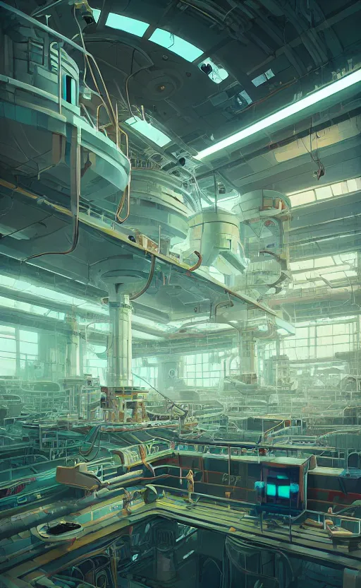 Image similar to Interior shot of a futuristic factory by Petros Afshar and Beeple, James Gilleard, Mark Ryden, Wolfgang Lettl highly detailed