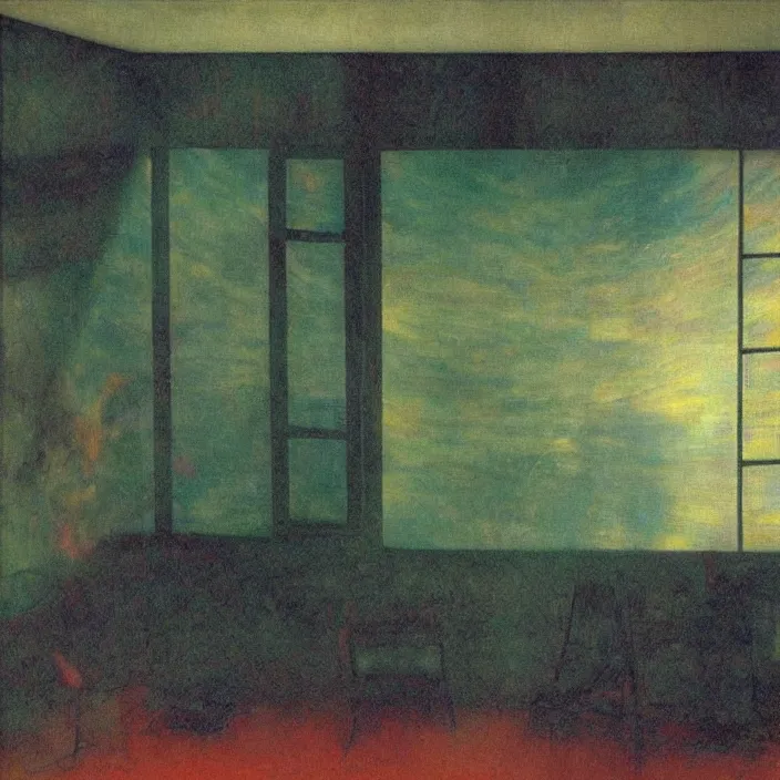 Image similar to interior of a flooded old house. aurora borealis. iridescent, psychedelic colors. painting by hammershoi, balthus, mark rothko, agnes pelton, utamaro, monet