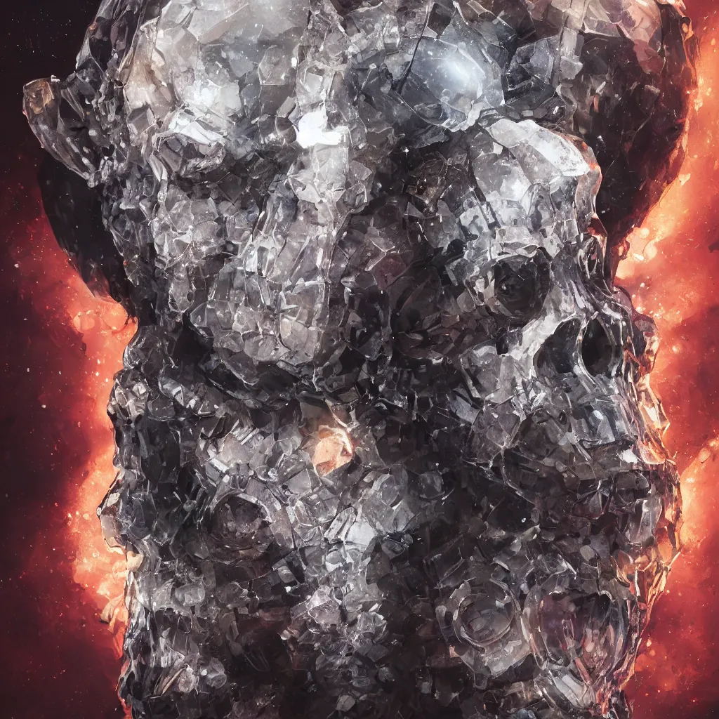 Image similar to A fancy portrait of a crystal skull by Greg Rutkowski, Sung Choi, Mitchell Mohrhauser, Maciej Kuciara, Johnson Ting, Maxim Verehin, Peter Konig, Bloodborne, 8k photorealistic, cinematic lighting, HD, high details, dramatic, atmospheric , trending on artstation