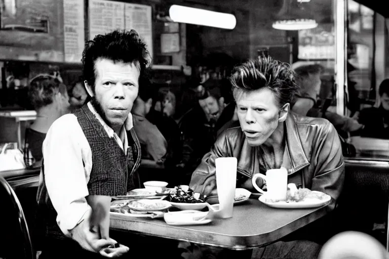 Prompt: tom waits having breakfast at a diner with david bowie, two shot angle, black and white