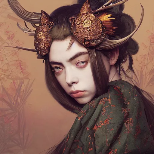 Prompt: a photorealistic dramatic fantasy render of a beautiful woman billie eilish wearing a beautiful intricately detailed japanese monkey kitsune mask and clasical japanese kimono by wlop, artgerm, greg rutkowski, alphonse mucha, beautiful dynamic dramatic dark moody lighting, shadows, cinematic atmosphere, artstation, concept design art, octane render, 8 k