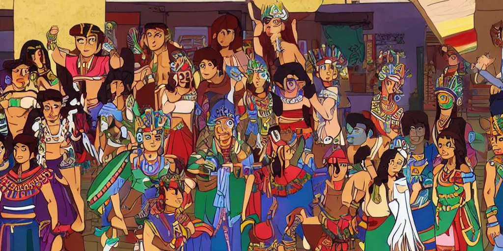 Prompt: Aztec gods as students of a Slice of Life TV show, Highly detailed, cinematic camera