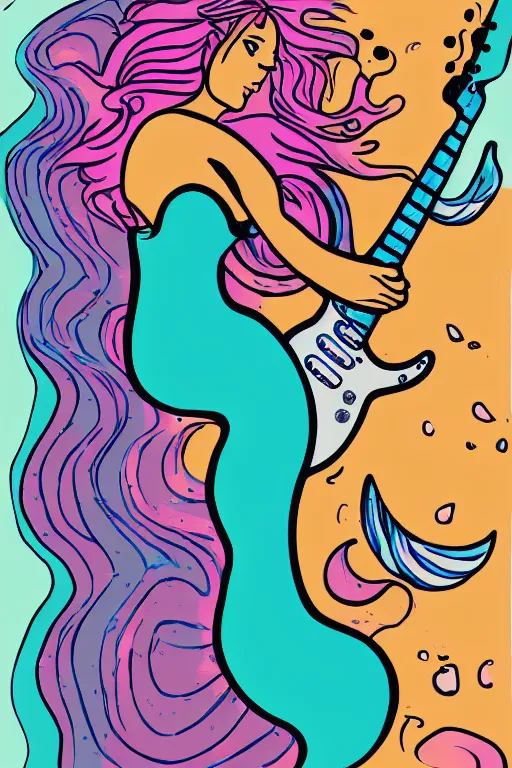 Image similar to illustration of a mermaid playing an stratocaster electric guitar, surf art