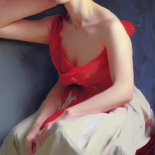 Image similar to yanjun cheng portrait of a beautiful woman, red dress, floral patterns by norman rockwell, bouguereau