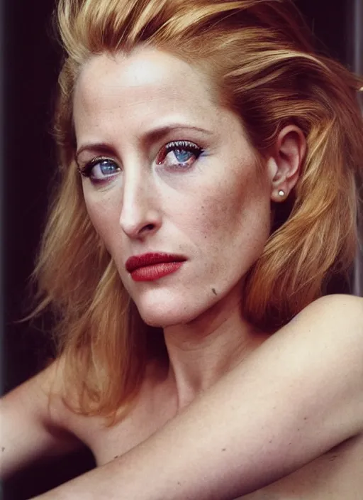 Image similar to a portrait of gillian anderson by mario testino, head shot, award winning, 1 9 8 0, 1 9 8 0 s punk rocker style, 1 9 8 0 hairstyle, sony a 7 r