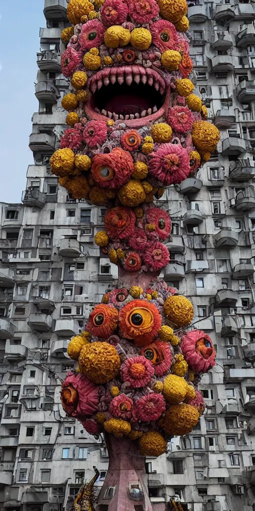 Image similar to colossal grotesque Beelzebub flower made from angry smiles in the middle of post soviet constructivist cityscape, Stalinist architecture, brutalist architecture, ultradetailed, Intricate by Hayao Miyazaki and Josan Gonzalez and Makoto Shinkai and Giuseppe Arcimboldo and MC Esher and Wes Anderson