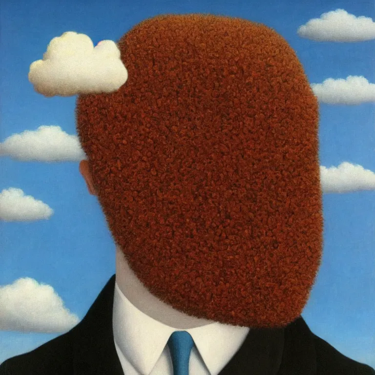 Image similar to portrait of a man whos head is hidden with a cloud, by rene magritte, detailed painting, hd, hq, high resolution, high detail, 4 k, 8 k