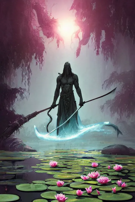 Image similar to king arthor pulling Excalibur out of the fairy lily pad pond with a weeping willow peonies, strong silhouette, Minimal Movie Posters, fantasy magic, art masterpiece by Greg Rutkowski, Gaston Bussiere, craig mullins, #wip #illustration #illustradraw #illustrator #vector #colors #colorschemes