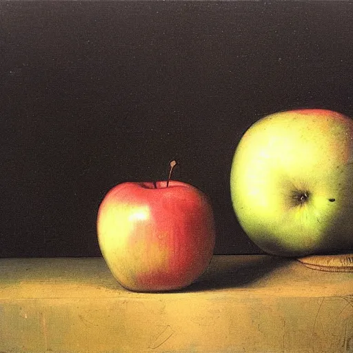 Prompt: [ [ [ green ] ] ] apple [ [ [ still life ] ] ] by rembrandt