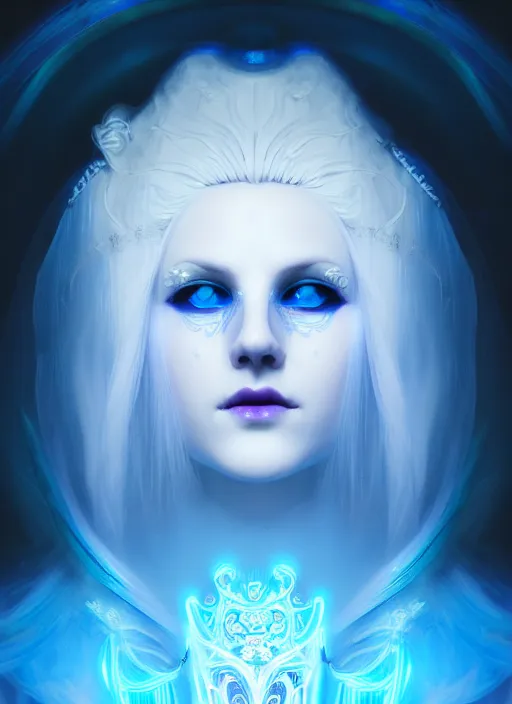 Prompt: centered portrait of a beautiful white haired woman wearing a blue venetian mask, intricate concept art, ethereal, highly detailed, artstation, smooth, sharp focus, mist, volumetric lighting, darksynth, illuminated neon lines, outrun, vaporware, octane render, 8 k, by ruan jia and ilya kuvshinov and alphonse mucha